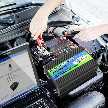 Tang I Generation Car Power Inverter for Vehicle Device Use shown connected to a car battery powering a laptop with protective clamps