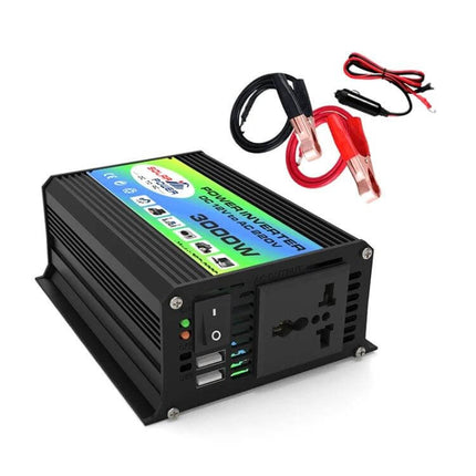 Tang Car Power Inverter for In-Car Device Charging - 3000W black inverter with USB ports and battery clamps for vehicle laptop charging