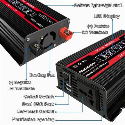 Zhizun Car Power Inverter for Running Devices in Vehicles - black 4000W inverter with LED display, dual USB ports, universal socket and cooling fan