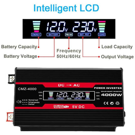 Zhizun Car Power Inverter for Running Devices in Vehicles — black 4000W DC to AC inverter with intelligent LCD showing 12.0V battery and 230V output