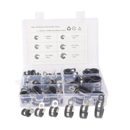 Car Hose Clamp Set, Stainless Steel, Six Pack With Rubber Cushions - 52-piece 304 stainless clamps in clear organizer, rubber-cushioned P-clips for automotive use