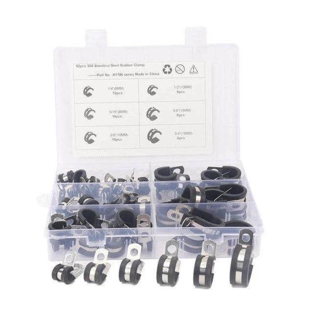 Car Hose Clamp Set, Stainless Steel, Six Pack With Rubber Cushions - 52-piece 304 stainless clamps in clear organizer, rubber-cushioned P-clips for automotive use