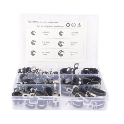 Car Hose Clamp Set, Stainless Steel, Six Pack With Rubber Cushions - 52pc stainless steel clamps in clear organizer with rubber-cushioned clamps
