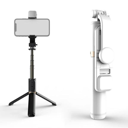 Q03S Selfie Stick for Daily Photo Moments on the Go black tripod extended with phone and folded white compact view