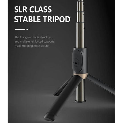 Q03S Selfie Stick for Daily Photo Moments on the Go showing tripod base, stable SLR-class legs and phone mount with remote control