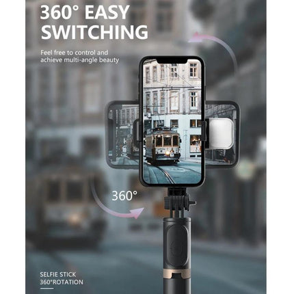 Q03S Selfie Stick for Daily Photo Moments on the Go showing 360° rotation and adjustable phone mount for travel snapshots