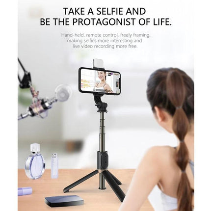 Q03S Selfie Stick for Daily Photo Moments on the Go showing phone on tripod with adjustable light and hands-free setup