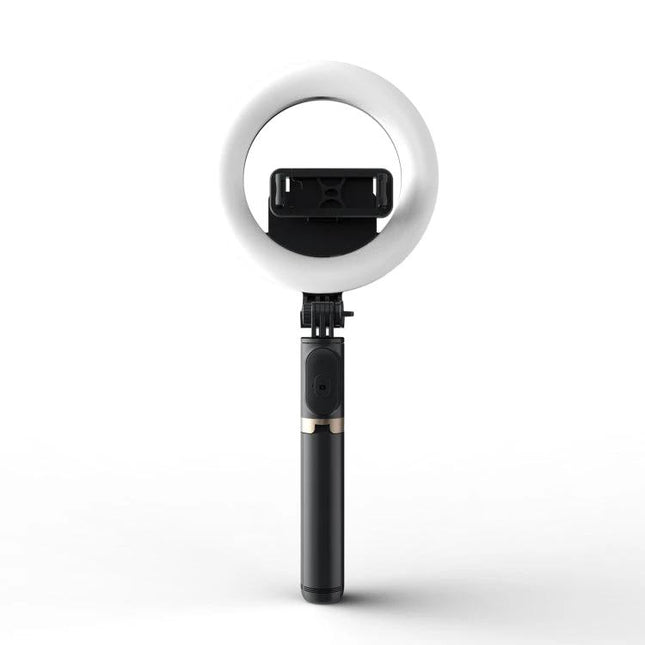 Q07 Essential Tripod with Ring Light for Everyday Captures – compact handheld tripod with round LED ring and phone holder for steady photos and video calls