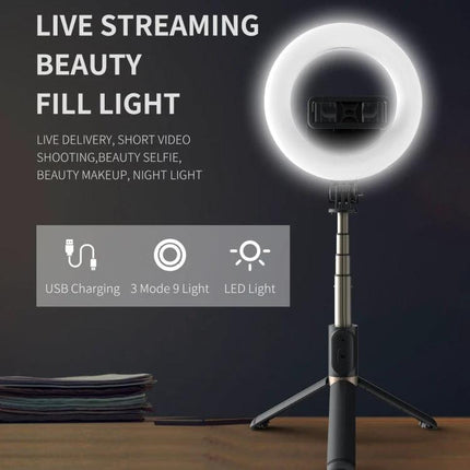 Q07 Essential Tripod with Ring Light for Everyday Captures shown set up with illuminated LED ring for live streaming and selfies
