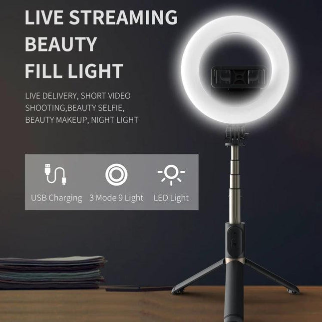 Q07 Essential Tripod with Ring Light for Everyday Captures shown set up with illuminated LED ring for live streaming and selfies
