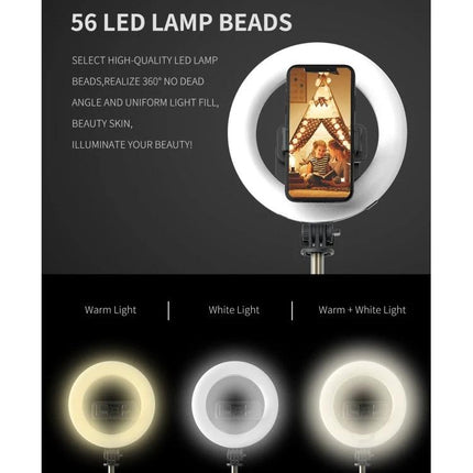 Q07 Essential Tripod with Ring Light for Everyday Captures showing 56 LED lamp beads and warm/white/mix lighting options with phone mount