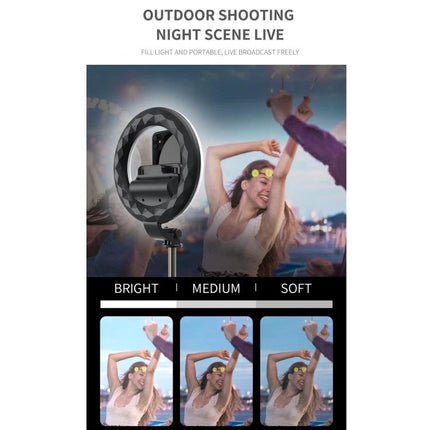 Q07 Essential Tripod with Ring Light for Everyday Captures showing ring light on tripod with bright, medium, soft settings for outdoor night shooting