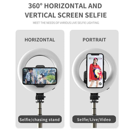 Q07 Essential Tripod with Ring Light for Everyday Captures showing horizontal and portrait phone mounting for selfies and live video