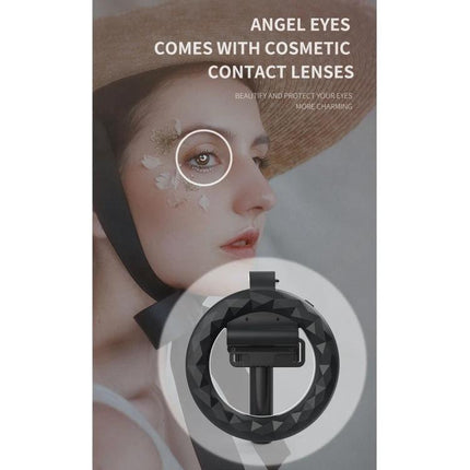 Q07 Essential Tripod with Ring Light for Everyday Captures - compact tripod with ring light shown alongside model for video calls and social media