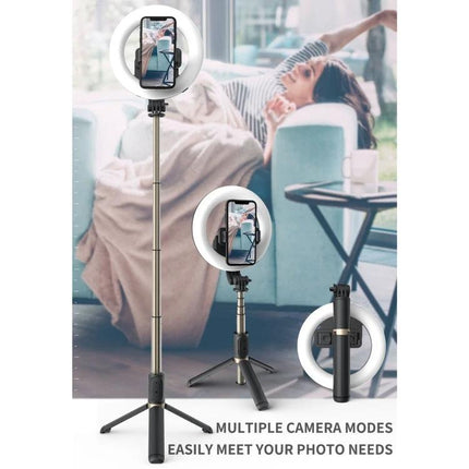 Q07 Essential Tripod with Ring Light for Everyday Captures — adjustable tripod with built‑in ring light for steady photos, video calls, and social media content