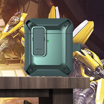 Silicone Protective Case for AirPods During Daily Activities green rugged silicone case on table protecting AirPods from dust and impacts