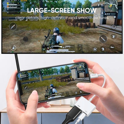 Joyroom SH141 1080P 8 Pin to HDMI Converter Adapter for iOS showing smartphone gameplay mirrored to large TV with plug-and-play HDMI connection