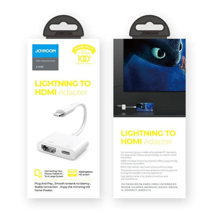 Joyroom SH141 1080P 8 Pin to HDMI Converter Adapter for iOS - white Lightning to HDMI adapter packaging showing cable and TV mirroring