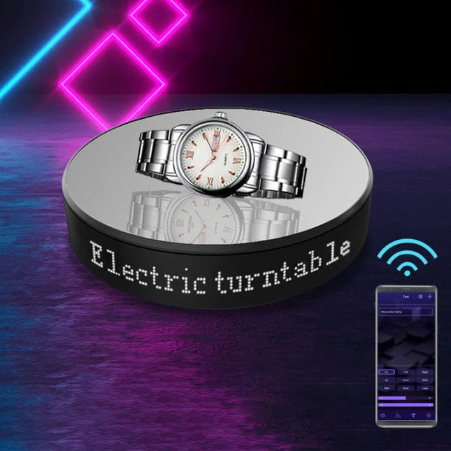 Electric Rotating Turntable for Product Display and Live Streaming showcasing a wristwatch on a mirrored rotating platform with smartphone control