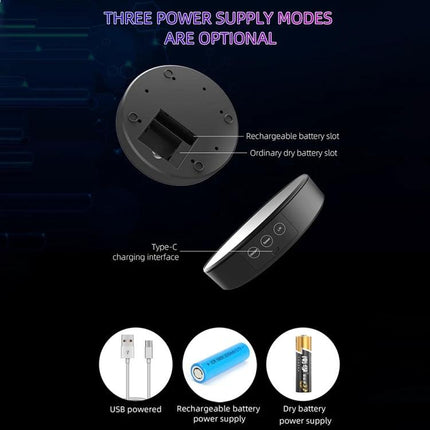 Electric Rotating Turntable for Product Display and Live Streaming showing three power supply modes: USB Type-C, rechargeable battery slot, and dry battery option