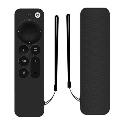 Silicone Protective Case for Apple TV 4K 4th Generation Siri Remote shown on black remote with wrist strap, textured back for grip and drop protection
