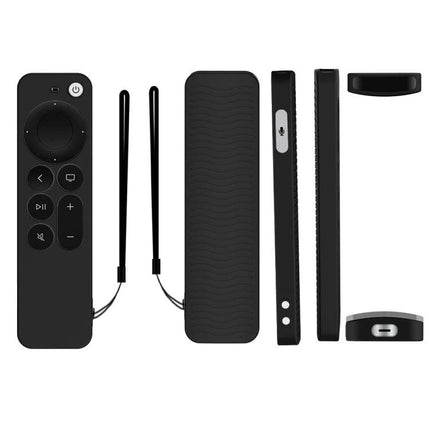 Silicone Protective Case for Apple TV 4K 4th Generation Siri Remote shown in black with wrist strap and full coverage silicone protection