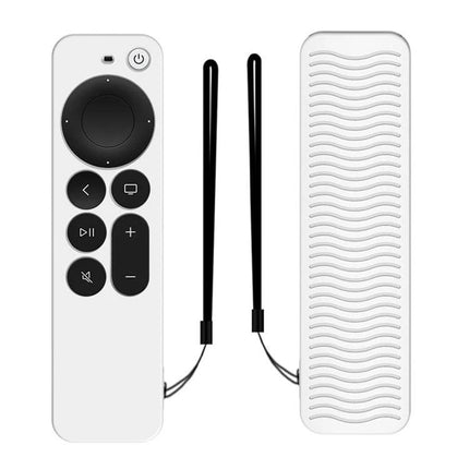 Silicone Protective Case for Apple TV 4K 4th Generation Siri Remote shown next to white remote with lanyard and textured silicone cover