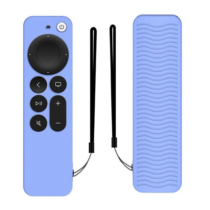 Silicone Protective Case for Apple TV 4K 4th Generation Siri Remote shown in light blue with wrist strap and textured back