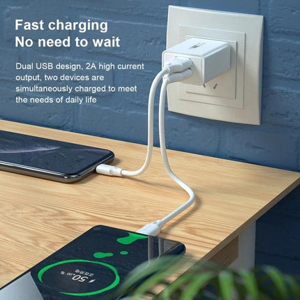 Versatile Travel Charger for Everyday Device Powering Needs compact dual-USB wall charger powering two smartphones while commuting