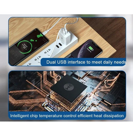 Versatile Travel Charger for Everyday Device Powering Needs – compact dual USB charger powering two smartphones on a desk
