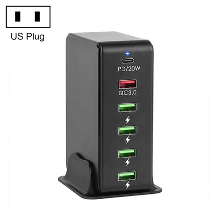 Versatile Multi-Port Charger for Travel Device Needs black six-port US plug tower with PD20W QC3.0 and three green fast-charge USB ports