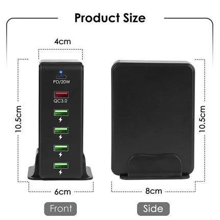 Versatile Multi-Port Charger for Travel Device Needs black vertical 6-port charger with PD20W QC3.0 ports and dimensions 10.5x6x4cm displayed