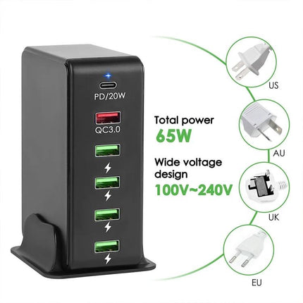 Versatile Multi-Port Charger for Travel Device Needs black 6-port 65W travel charger with PD 20W and QC3.0 ports, supports US AU UK EU plugs