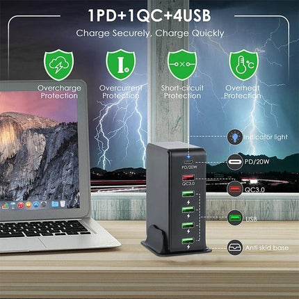 Versatile Multi-Port Charger for Travel Device Needs showing 1PD+1QC+4USB charging multiple devices on desk with laptop