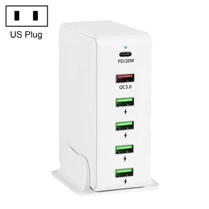 Versatile Multi-Port Charger for Travel Device Needs - white 6-port tower charger with PD20W USB-C and QC3.0 USB-A ports, compact travel-friendly design