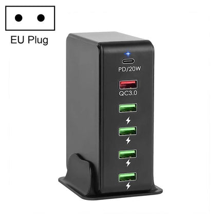 Versatile Multi-Port Charger for Travel Device Needs black 6‑port EU plug with PD/20W, QC3.0 and four USB charging ports