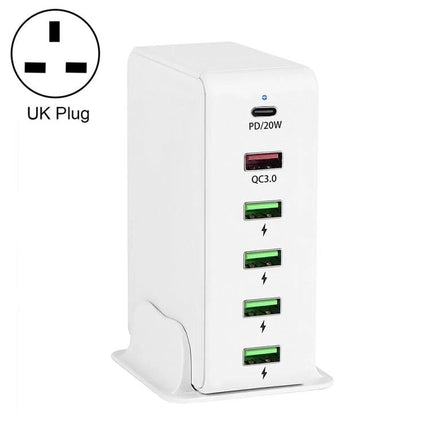 Versatile Multi-Port Charger for Travel Device Needs white UK plug tower 6-port PD20W QC3.0 fast charging hub