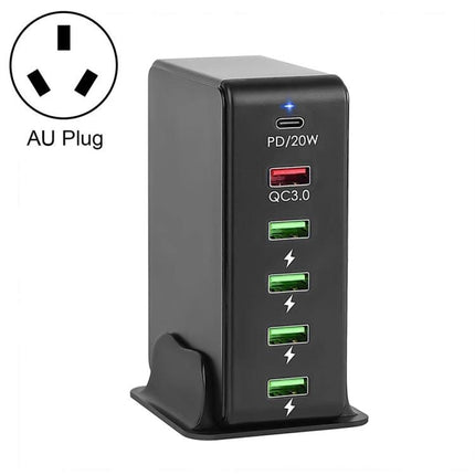 Versatile Multi-Port Charger for Travel Device Needs - black AU plug tower charger with PD 20W, QC3.0 and four USB ports