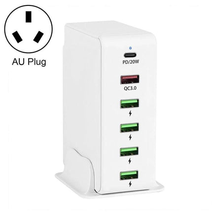 Versatile Multi-Port Charger for Travel Device Needs white 6-port AU plug tower with PD 20W and QC3.0 ports