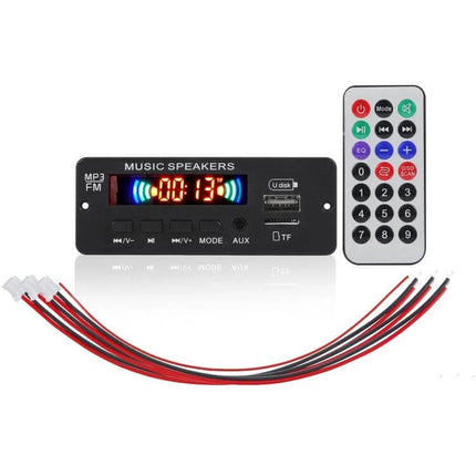 Car MP3 Player with Bluetooth, FM Radio, and USB Connectivity - compact in-dash module with LED display, USB port, remote control and wiring for car audio