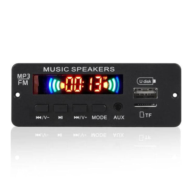 Car MP3 Player with Bluetooth, FM Radio, and USB Connectivity front panel display showing USB port, TF slot, AUX, mode and playback buttons