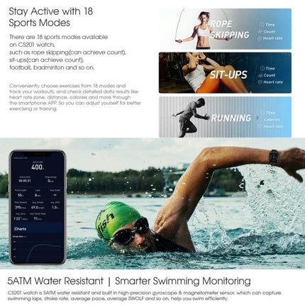 Durable Watch for Everyday Health and Activity Tracking showing sports modes, swim monitoring, app charts and smartwatch on swimmer wrist