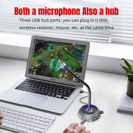 HXSJ USB Noise Reduction Microphone for Clear Calls on desk with laptop showing game, flexible gooseneck and USB hub ports