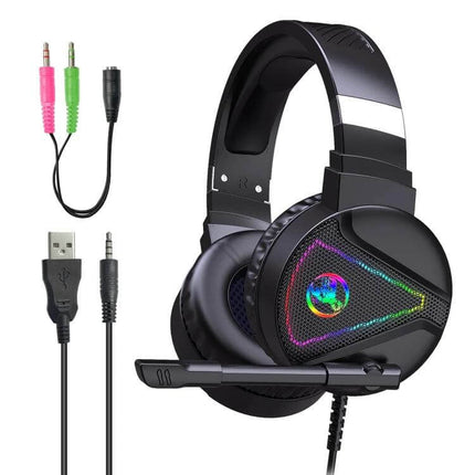 HXSJ Wired Gaming Headset With Adjustable Comfortable Fit black RGB stereo headset with mic, USB and 3.5mm cables, protein ear cushions