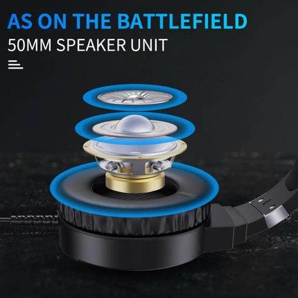 HXSJ Wired Gaming Headset With Adjustable Comfortable Fit showing 50mm speaker layers, protein cotton earmuff and wired control
