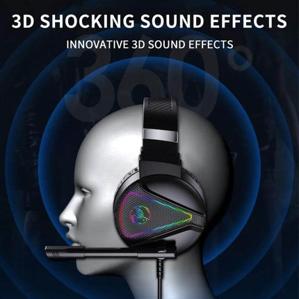 HXSJ Wired Gaming Headset With Adjustable Comfortable Fit showing RGB 50mm drivers, protein cotton earmuffs and boom mic