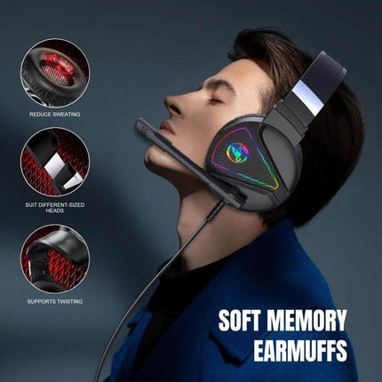 HXSJ Wired Gaming Headset With Adjustable Comfortable Fit shown on model with RGB 50mm speakers and soft memory earmuffs
