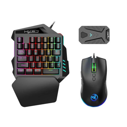 HXSJ Keyboard Mouse Converter Set with One-Handed Gaming Keyboard showing RGB one-handed keyboard, compatible mouse and converter for PC and console