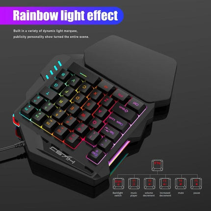 HXSJ Keyboard Mouse Converter Set with One-Handed Gaming Keyboard showing rainbow backlit single-handed mechanical gaming keypad