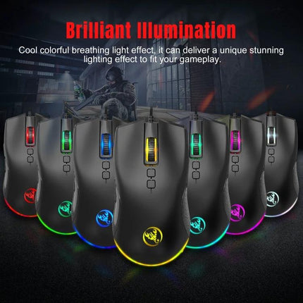 HXSJ Keyboard Mouse Converter Set with One-Handed Gaming Keyboard showing RGB-lit ergonomic gaming mouse lineup with breathing light effects
